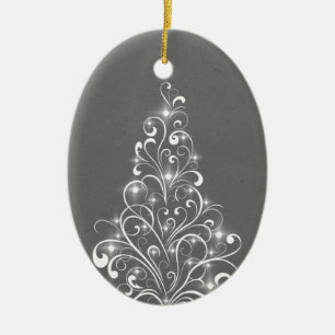 Sparkly Holiday Tree Oval Ornament, Grey Ceramic Ornament
