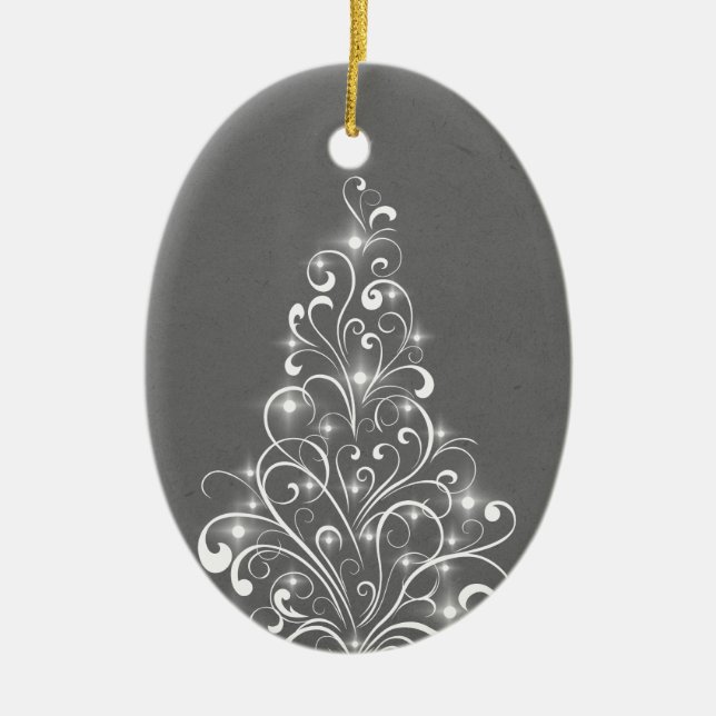 Sparkly Holiday Tree Oval Ornament, Grey Ceramic Ornament (Front)