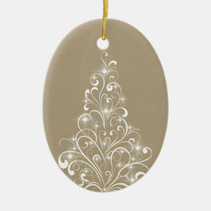 Sparkly Holiday Tree Oval Ornament, Latte Ceramic Ornament