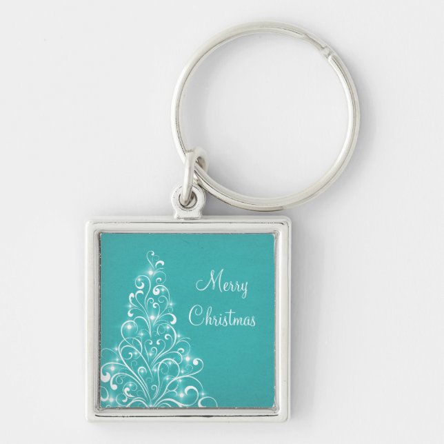 Sparkly Holiday Tree Premium Keychain, Aqua Key Ring (Front)