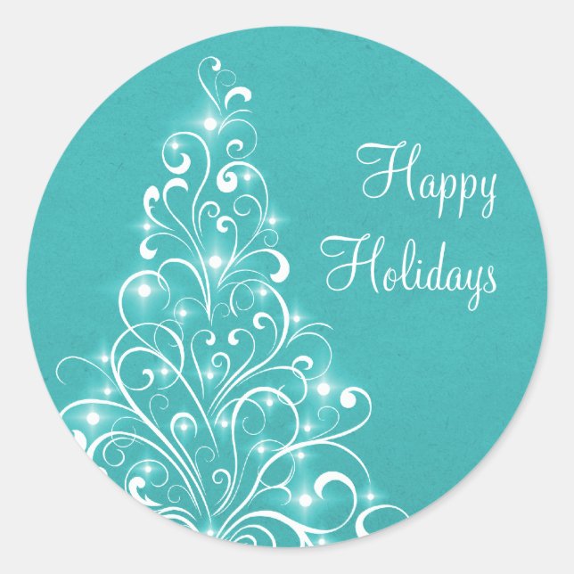 Sparkly Holiday Tree Stickers, Aqua Classic Round Sticker (Front)