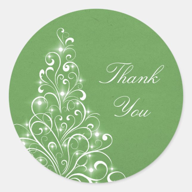 Sparkly Holiday Tree Thank You Stickers, Green Classic Round Sticker (Front)