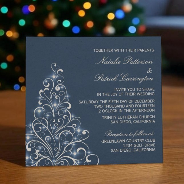 Sparkly Holiday Tree Wedding Invite, Dark Blue Invitation (Dark Blue)