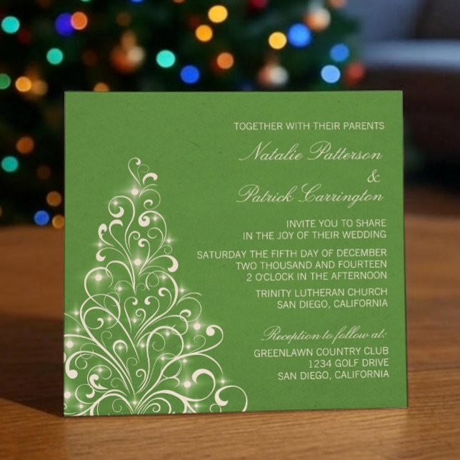 Sparkly Holiday Tree Wedding Invite, Green Invitation (Green Sparkly Holiday Tree Wedding Invitation)