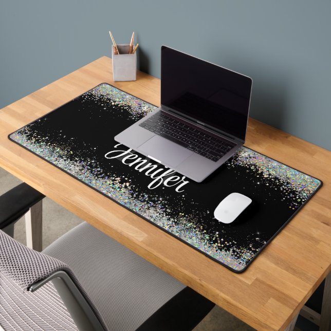 Sparkly Holographic Gold Glitter Monogram Black Desk Mat (Office 2)