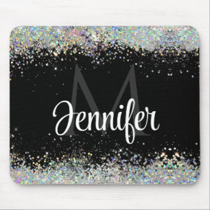Sparkly Holographic Gold Glitter Monogram Black Mouse Pad