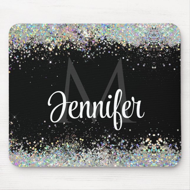 Sparkly Holographic Gold Glitter Monogram Black Mouse Pad (Front)