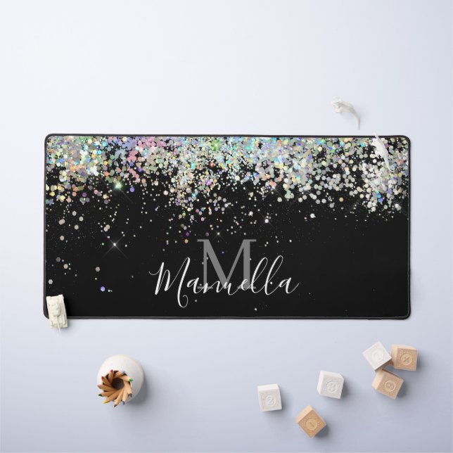 Sparkly Holographic Rose Gold Glitter Monogram Desk Mat (Kids Table)
