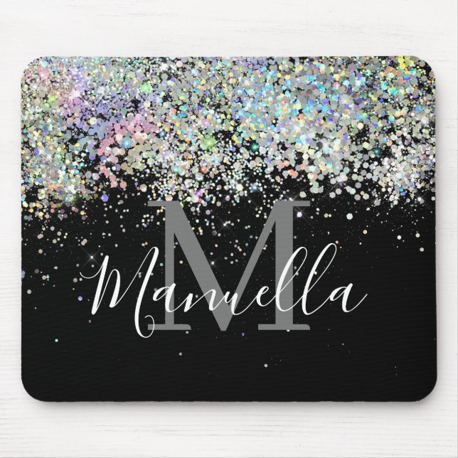 Sparkly Holographic Rose Gold Glitter Monogram Mouse Pad (Front)