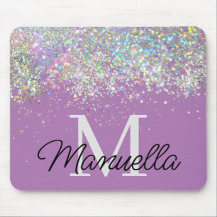 Sparkly Holographic Rose Gold Glitter Monogram Mouse Pad