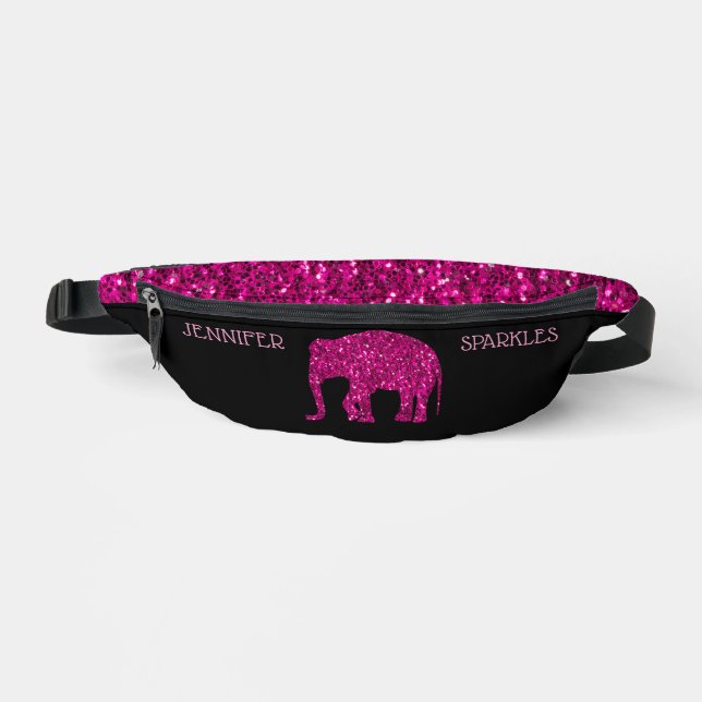 Sparkly hot pink Elephant Custom name black Bum Bags (Front)