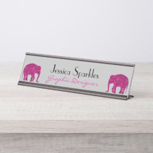 Sparkly hot pink Elephant Custom name Occupation Desk Name Plate