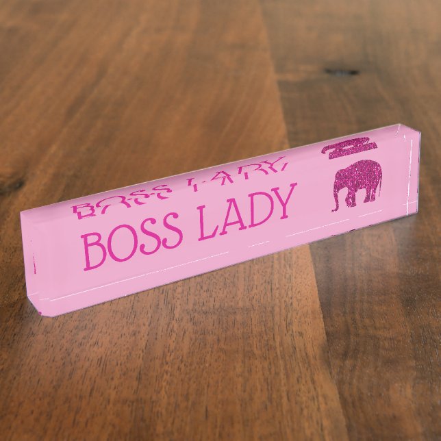 Sparkly hot pink Elephant faux sparkle Boss Lady Nameplate (Side)