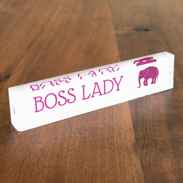 Sparkly hot pink Elephant faux sparkle Boss Lady Nameplate (Side)