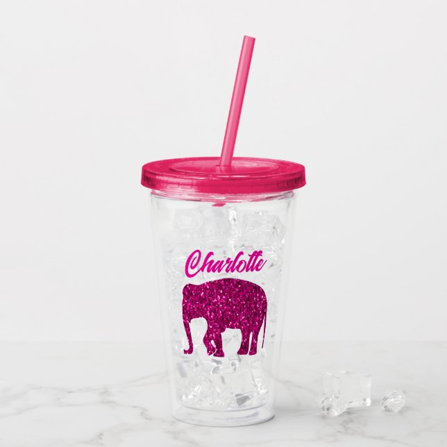 Sparkly hot pink Elephant faux sparkle Your name Acrylic Tumbler (Back Ice)