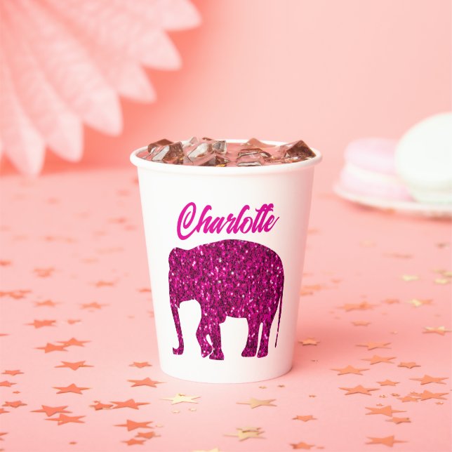 Sparkly hot pink Elephant faux sparkle Your name Paper Cups (Insitu)