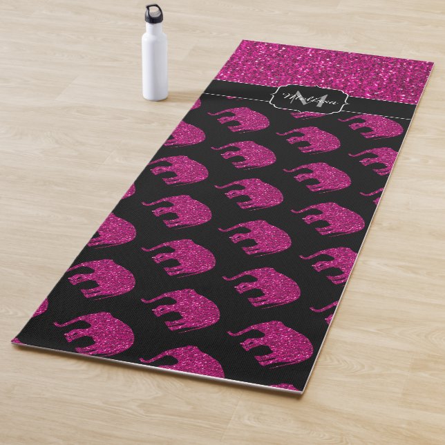 Sparkly hot pink Elephant faux sparkles Monogram Yoga Mat (In Situ)