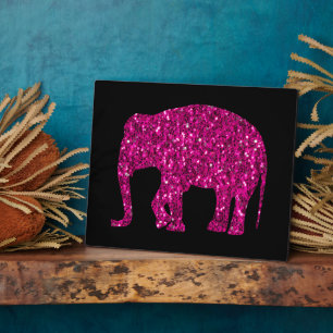 Sparkly hot pink Elephant faux sparkles on black Plaque