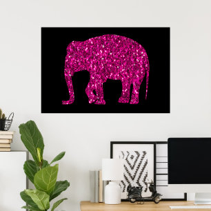Sparkly hot pink Elephant faux sparkles on black Poster