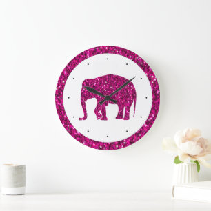 Sparkly hot pink Elephant faux sparkles with white Large Clock