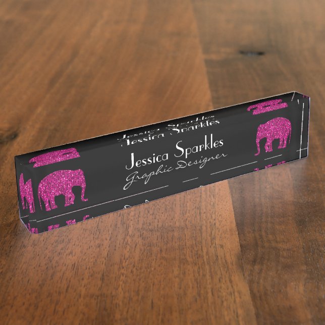 Sparkly hot pink Elephant faux sparkles Your name Nameplate (Side)