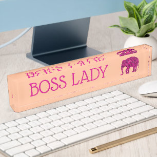 Sparkly hot pink Elephant sparkle Boss Lady peach Nameplate
