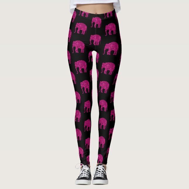 Sparkly hot pink Elephant sparkle pattern black Leggings (Front)