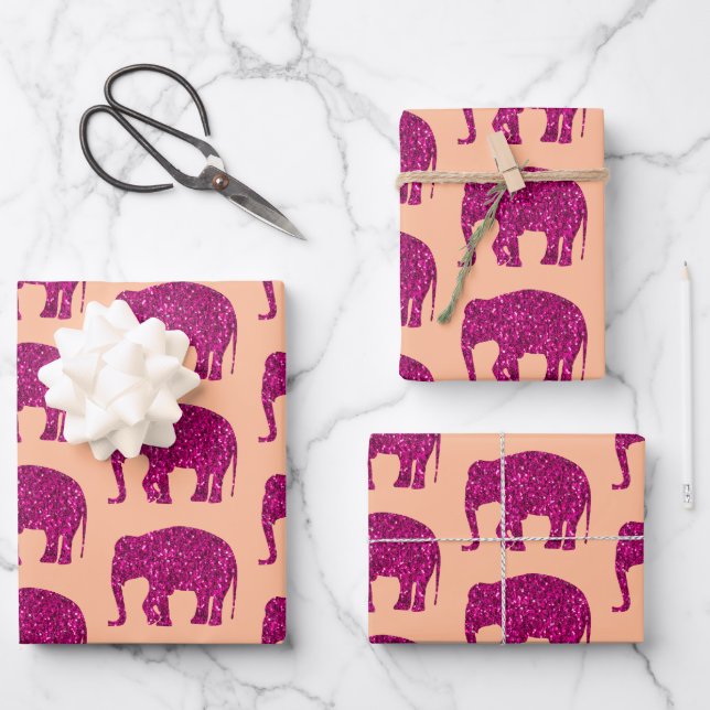 Sparkly hot pink Elephant sparkles pattern peach Wrapping Paper Sheet (Front)