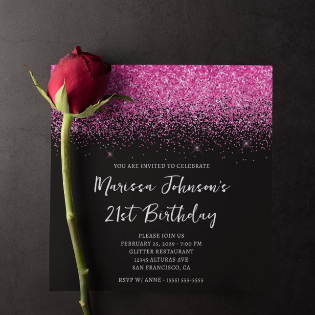 Sparkly Hot Pink Glitter Black 21st Birthday Invitation (Sparkly Hot Pink Glitter Black 21st Birthday Invitation)