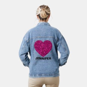 Sparkly hot pink heart faux sparkle Your name Denim Jacket