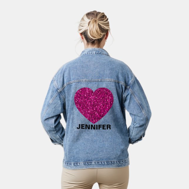 Sparkly hot pink heart faux sparkle Your name Denim Jacket (Model)
