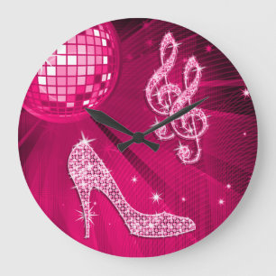 Sparkly Hot Pink Music Note & Stiletto Heel Large Clock