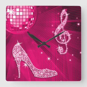Sparkly Hot Pink Music Note & Stiletto Heel Square Wall Clock