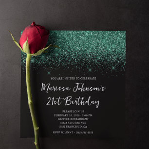 Sparkly Hunter Green Glitter Black 21st Birthday Invitation