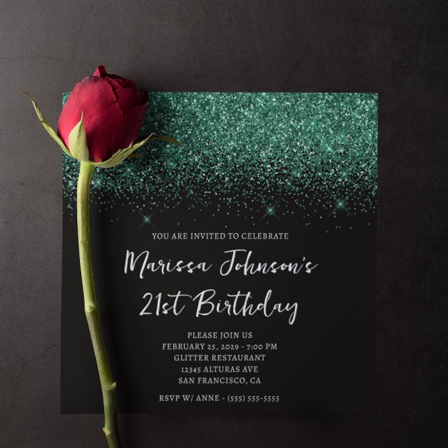 Sparkly Hunter Green Glitter Black 21st Birthday Invitation (Sparkly Hunter Green Glitter Black 21st Birthday Invitation)