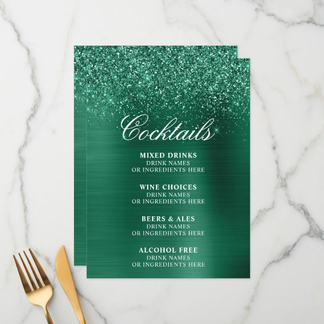 Sparkly Hunter Green Glitter Foil Cocktails Bar Menu (Front/Back In Situ)