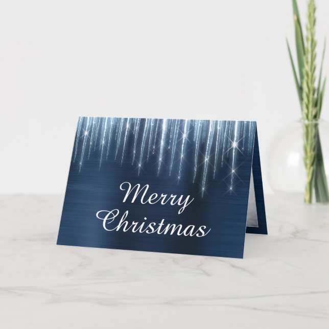 Sparkly Icicles Navy Blue Foil Family Photo Holiday Card (Front)