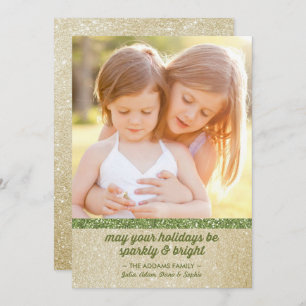 Sparkly in Green & Gold Glitter Holiday Photo Card