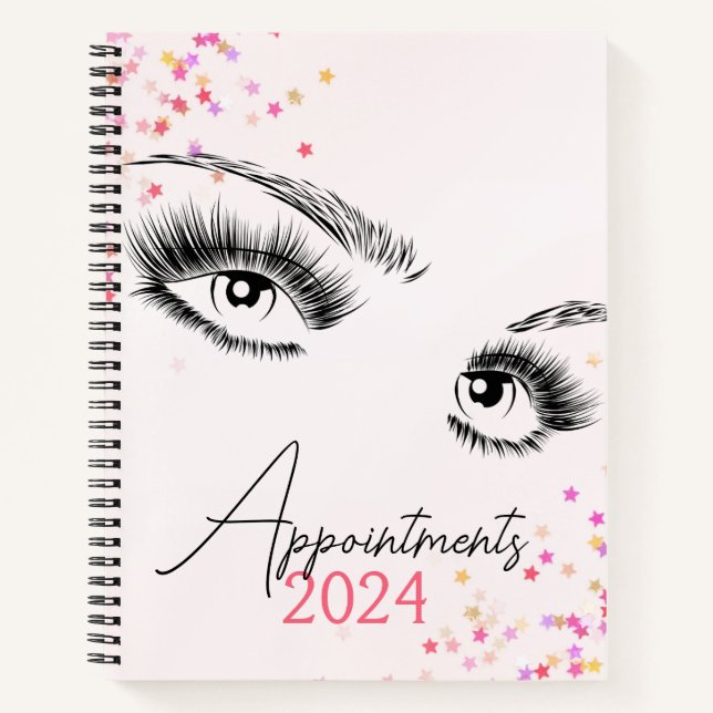 Sparkly Lashes Pink Glitter Star Appointments Notebook (Front)