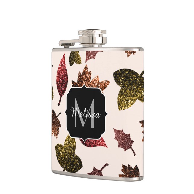 Sparkly leaves fall autumn pattern Monogram Hip Flask (Left)