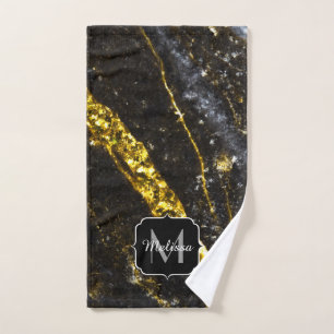 Sparkly line gold black chic abstract Monogram Bath Towel Set