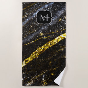 Sparkly line gold black chic abstract Monogram Beach Towel