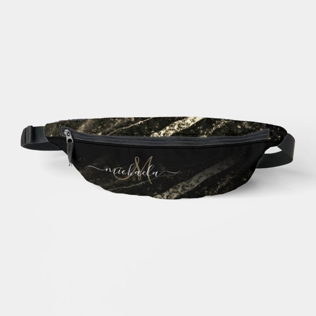 Sparkly line gold black chic abstract Monogram Bum Bags (Front)