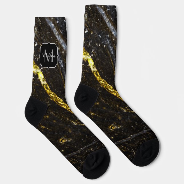 Sparkly line gold black chic abstract Monogram Socks (Right)