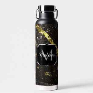 Sparkly line gold black chic abstract Monogram Water Bottle