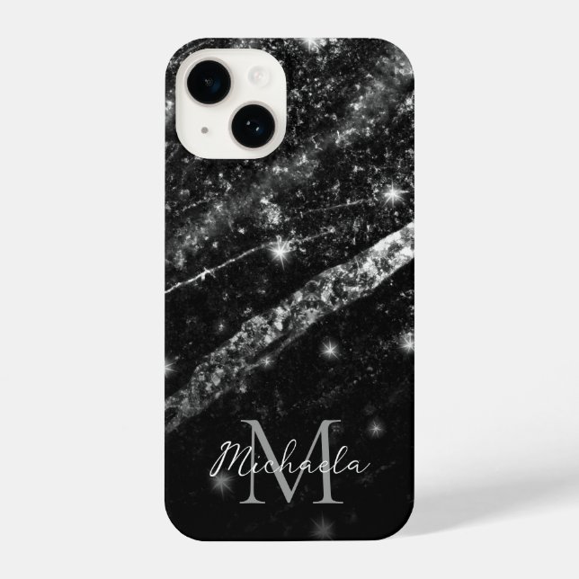 Sparkly line silver black chic abstract Monogram iPhone Case (Back)