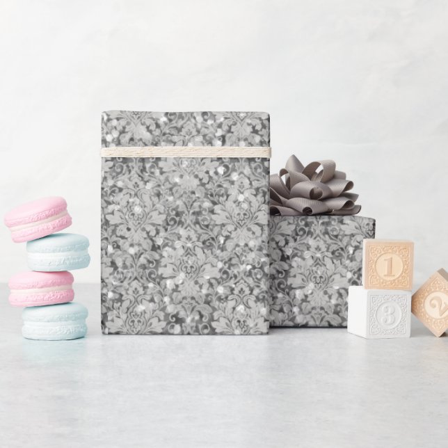 Sparkly Luxury Damask & Glitter - Silver  Wrapping Paper (Baby Shower)
