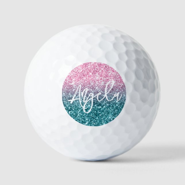 Sparkly Luxury Light Pink Teal Ombre Glitter Golf Balls (Front)