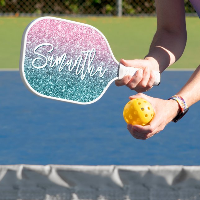 Sparkly Luxury Light Pink Teal Ombre Glitter Pickleball Paddle (Insitu)