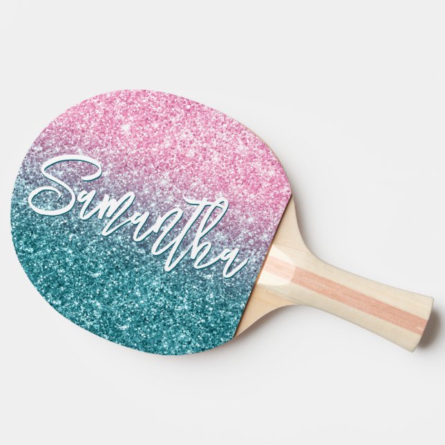 Sparkly Luxury Light Pink Teal Ombre Glitter Ping Pong Paddle (Side)